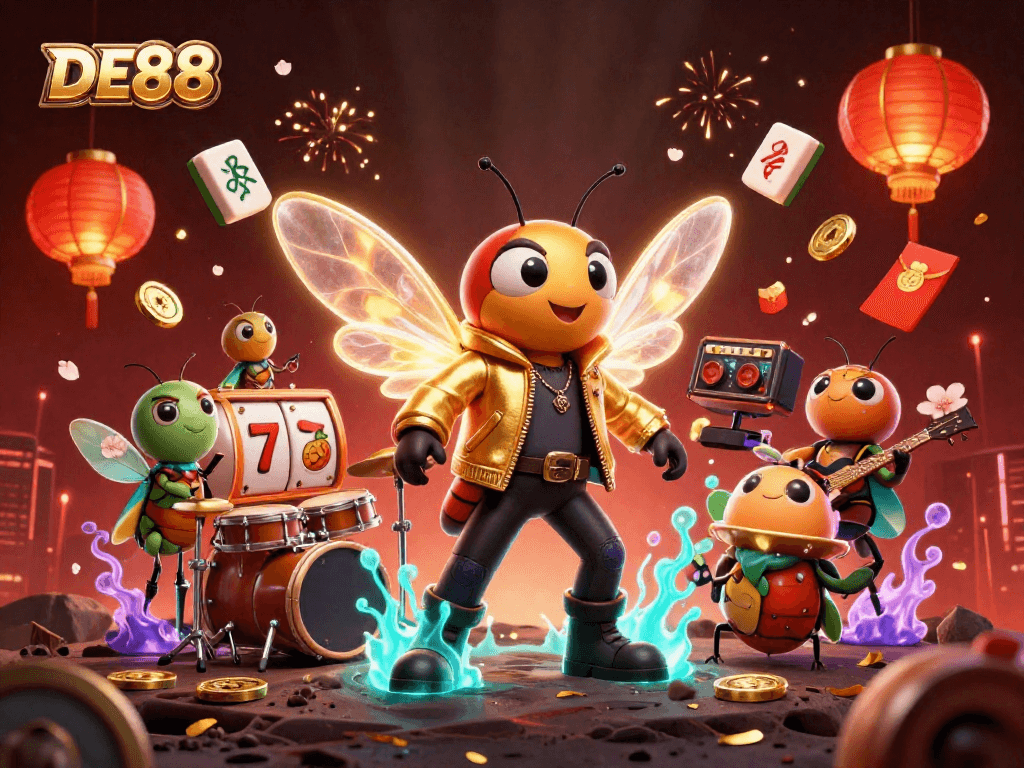 Experience the thrill of DE88 with vibrant illustration of a rock star casino scene.