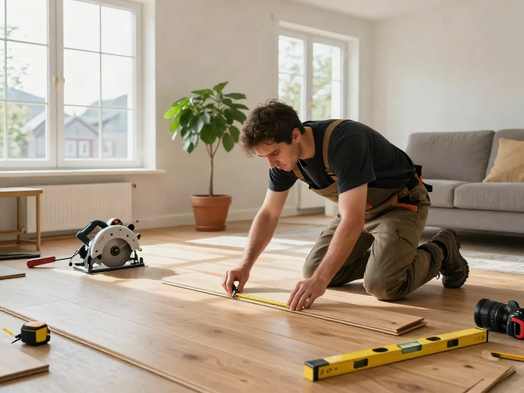 Carpenter working on Bygg Bergen home renovation with wooden floorboards.