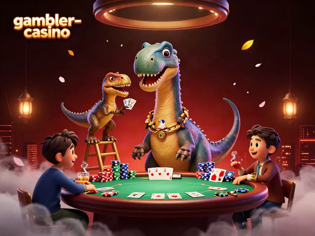 Spela poker med gambler-casino i en färgglad 3D-casinovärld med brontosaurus och raptor.