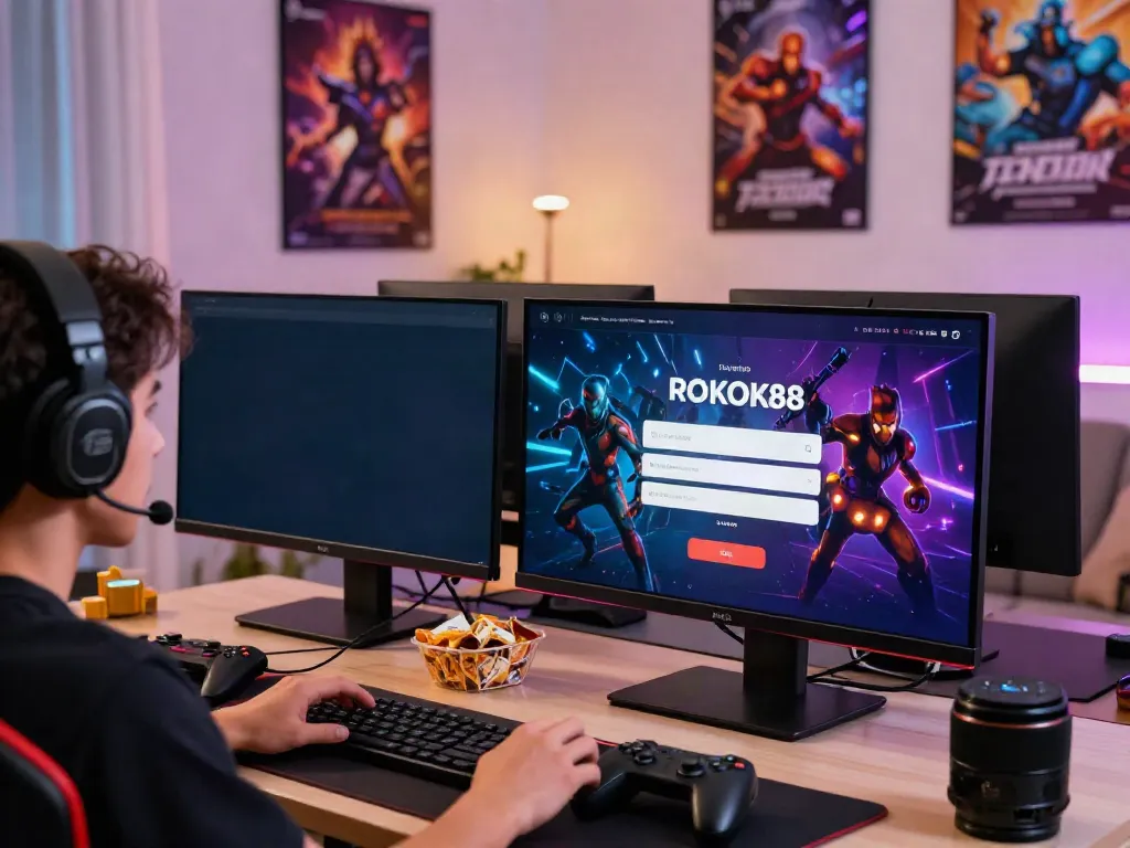 ROKOK88 login portal displayed on a gaming laptop in an immersive setup, reflecting modern online gaming culture.
