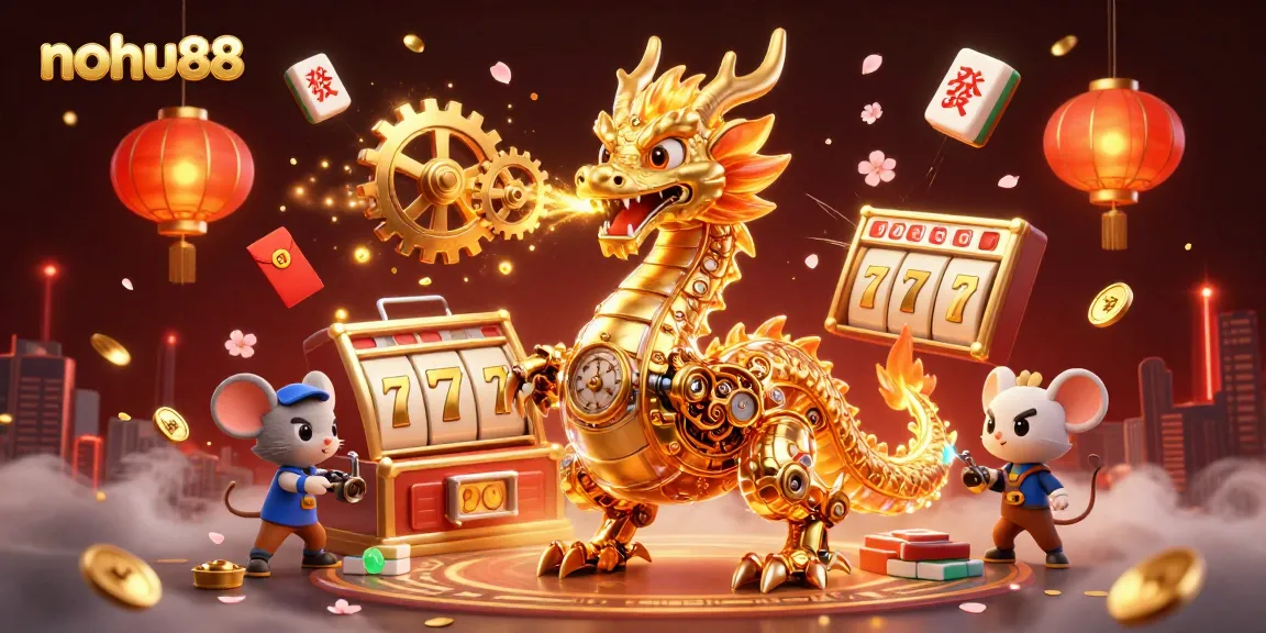 Experience thrilling wins with nohu88 at a vibrant casino scene featuring dynamic slot reels and a golden dragon.