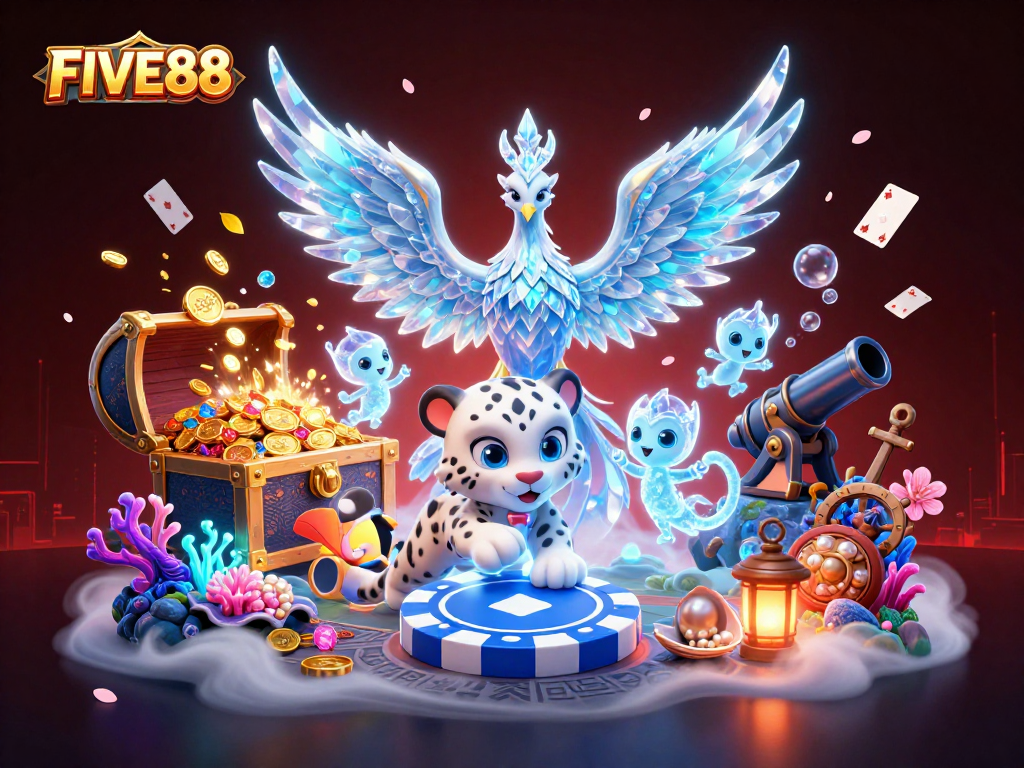 Experience the excitement at FIVE88 as the ice phoenix, leopard cub, and ice sprites create a dazzling casino scene.