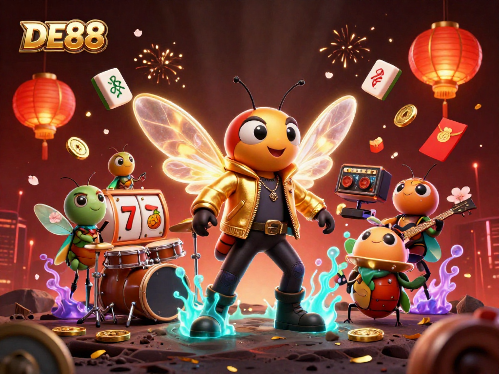 Experience the thrill of DE88 with vibrant illustration of a rock star casino scene.