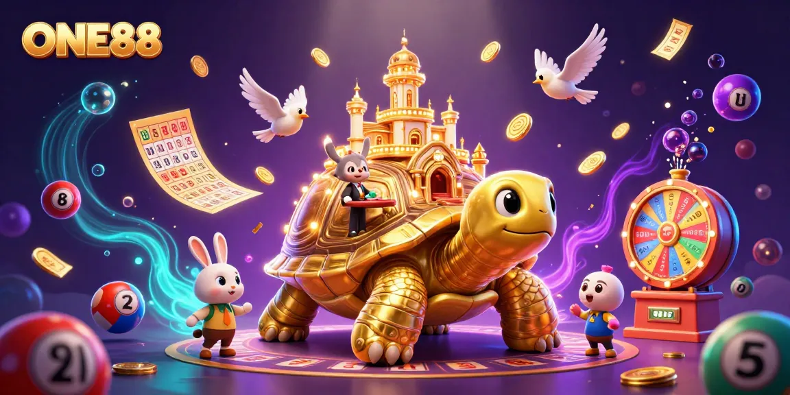 Spin to win at ONE88 with our vibrant cartoon casino scene featuring a golden tortoise and exciting games.