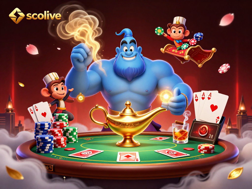 Engage in thrilling poker action with socolive's dynamic 3D illustration featuring a genie's magic.