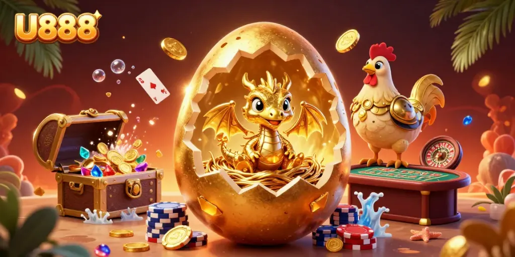 Experience the thrill of U888 with a dynamic scene featuring a golden dragon and poker chips.