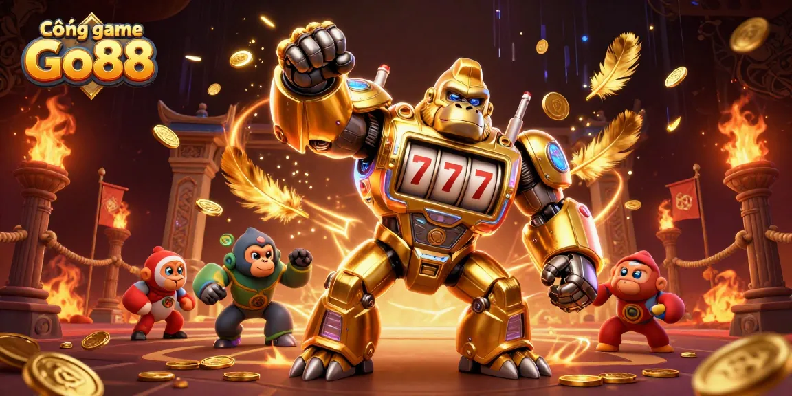 Cổng game Go88 features a dynamic scene with a golden gorilla mech and vibrant casino elements, showcasing exciting gameplay.