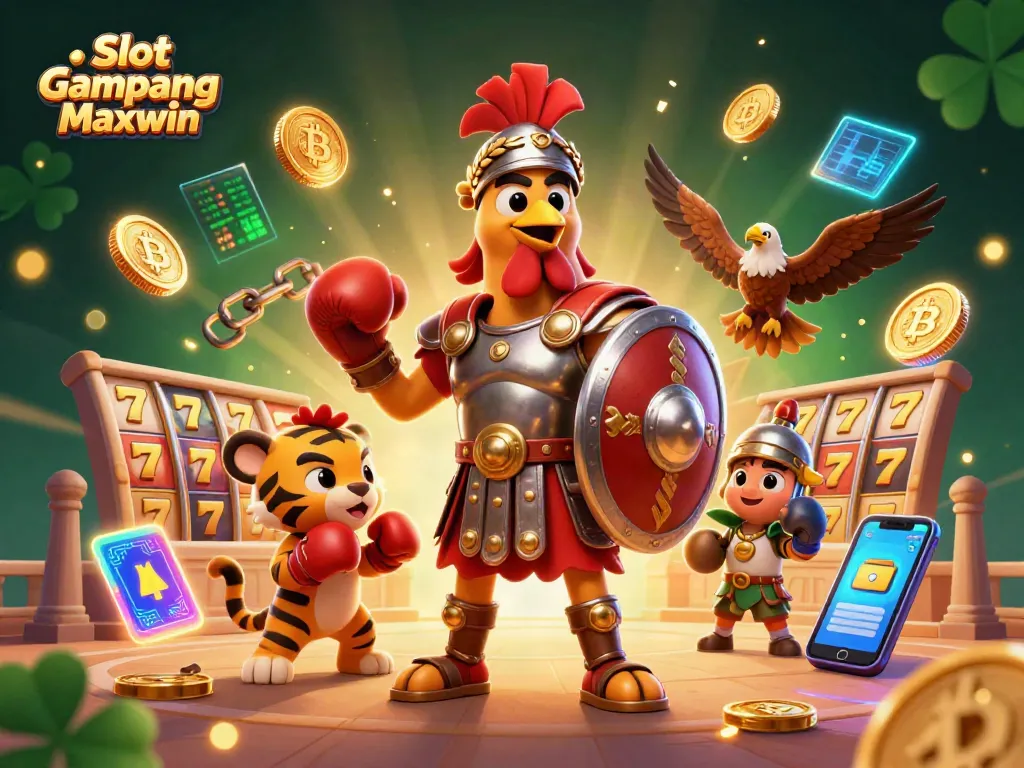 Engage with Slot Gampang Maxwin through vibrant 3D illustration featuring a gladiator rooster and casino elements.