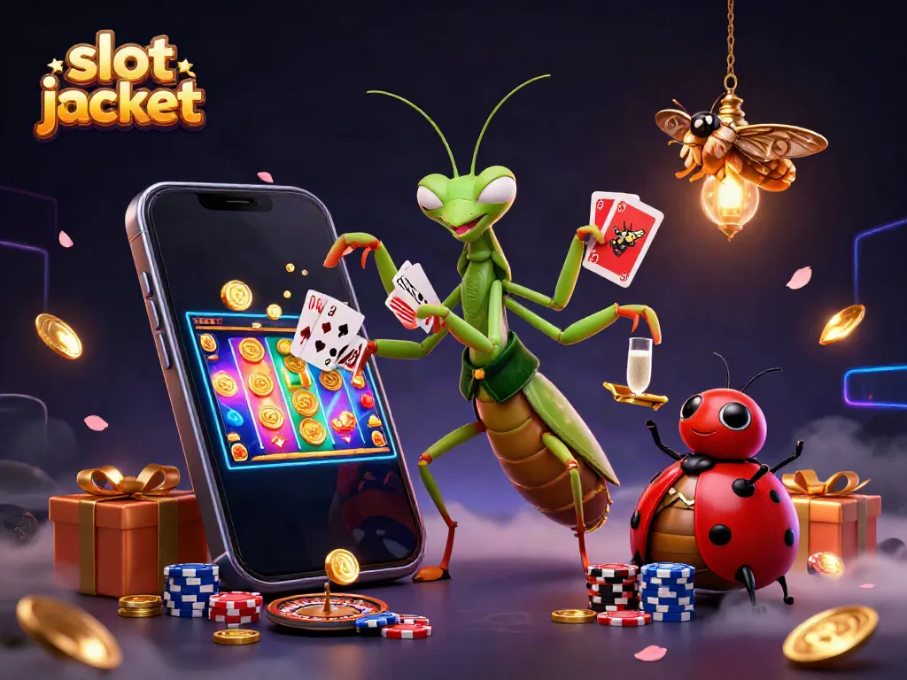 Experience thrilling slot jackpot action with a cartoon mantis dealer and ladybug pit boss amidst vibrant casino elements.