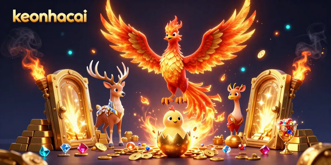 Bet big with keonhacai, featuring a vibrant phoenix scene filled with gold treasures and betting excitement.