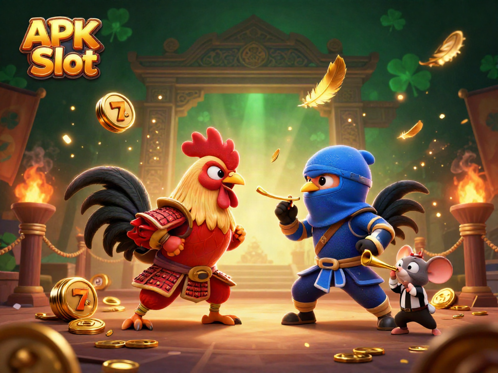 Spin the reels and win big with APK Slot in this vibrant, action-packed 3D gambling illustration.