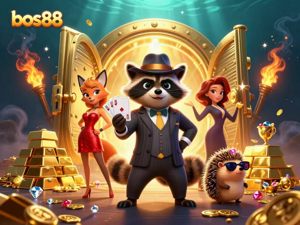 Play poker at bos88 with dynamic characters in a vibrant casino setting featuring stunning treasures.