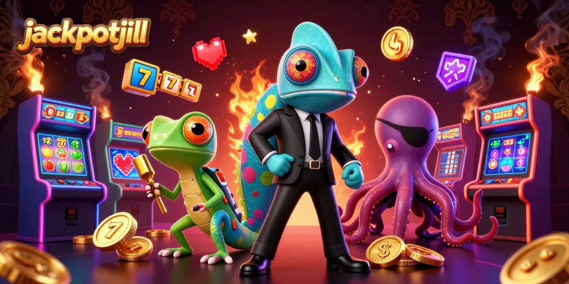 Experience exciting jackpots with jackpotjill featuring a colorful scene of slot games and animated characters.