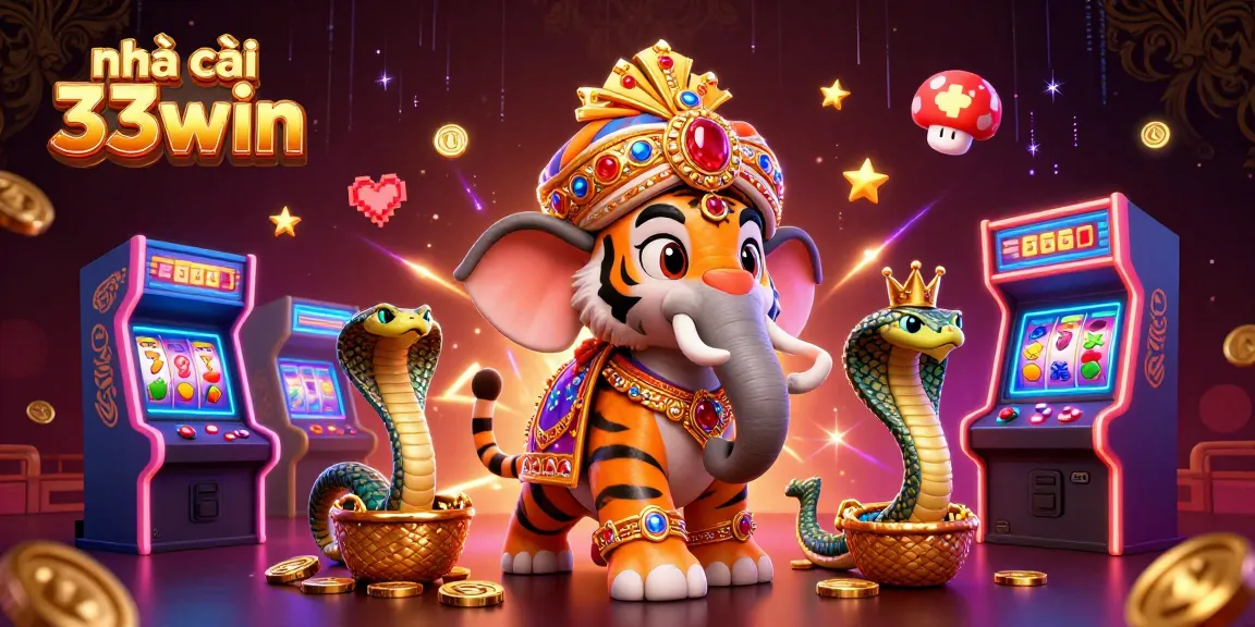 Engaging scene highlighting nhà cái 33win with a cartoon maharaja tiger and gaming elements, captivating players to join.