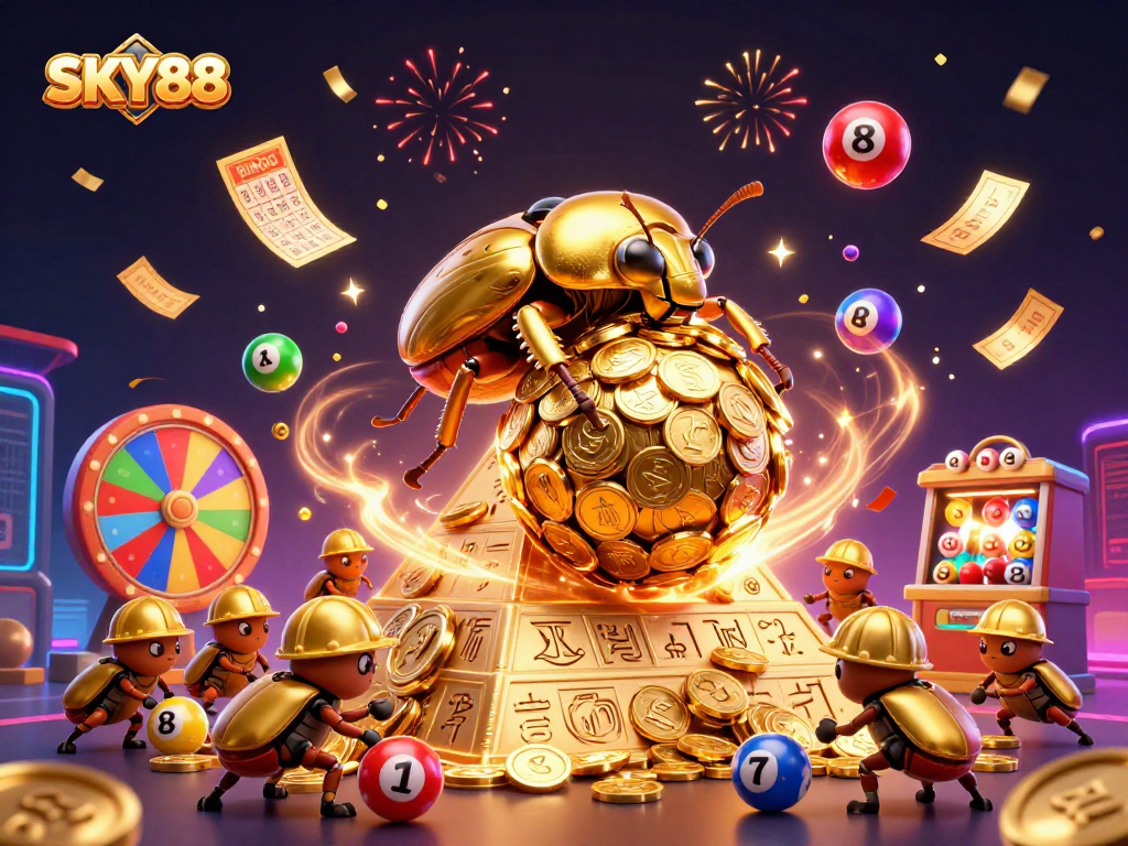 Experience the excitement of SKY88 with colorful lottery elements and golden casino symbols in this stunning illustration.