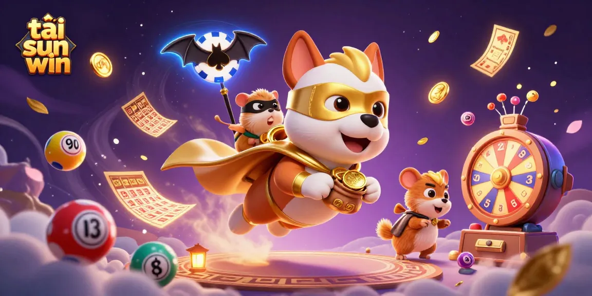 Experience the excitement of tải sun win with a superhero dog and hamster in a vibrant, action-packed casino scene.