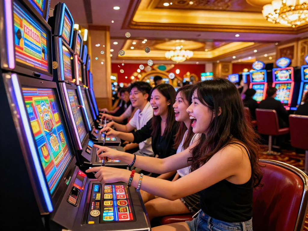 Exciting gambling experience at rokok88 slot login with colorful slot machine, cheerful players, and vibrant casino ambiance.