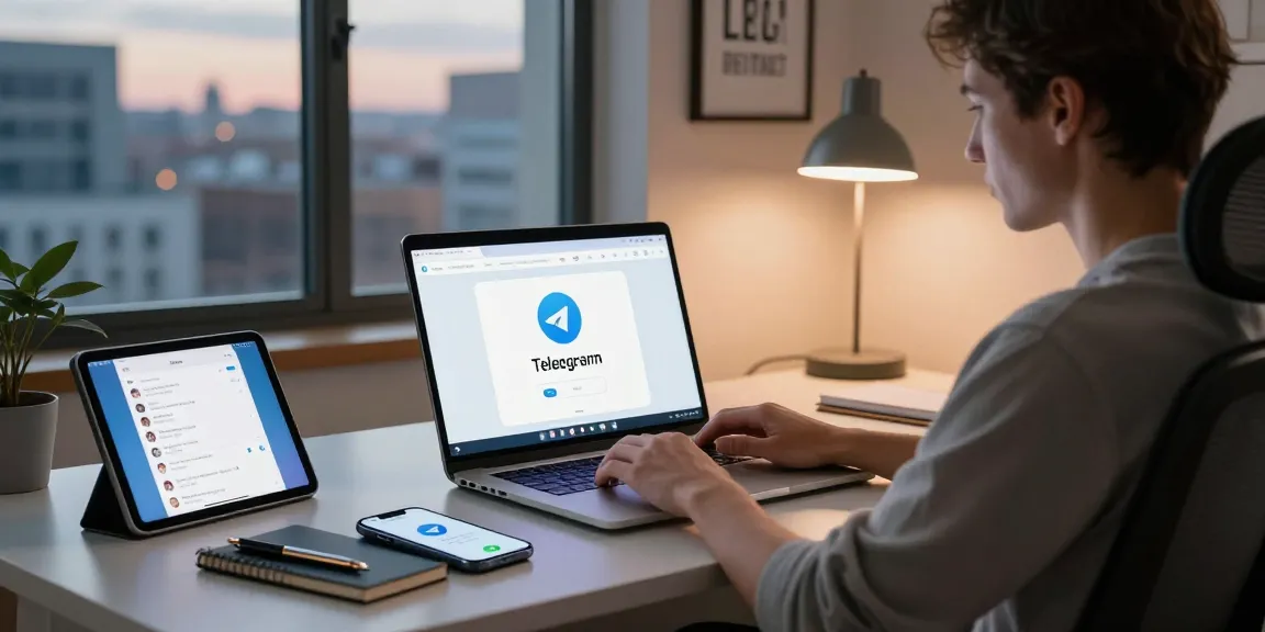 Accessing the Telegram web version while working in a modern home office setting.
