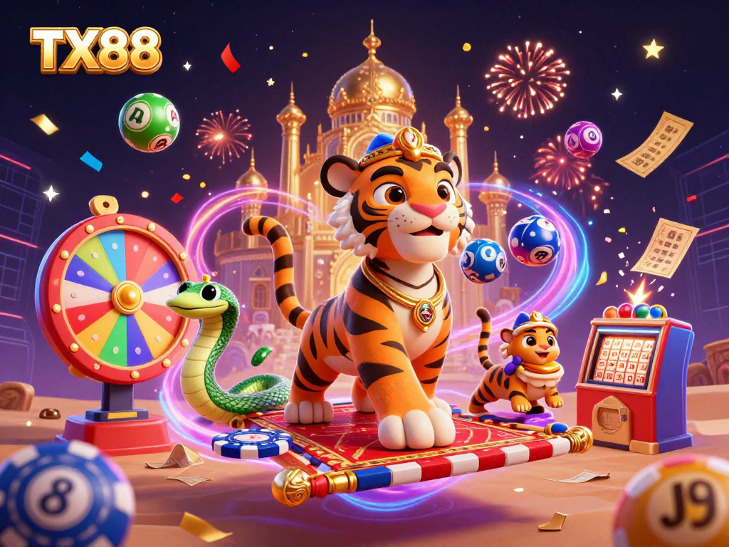 Experience the thrill of TX88 with vibrant casino elements, showcasing games and fun.