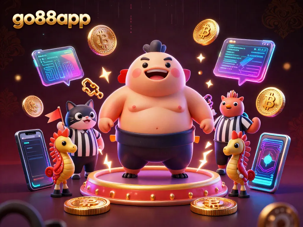 Engage with the vibrant go88app scene featuring a sumo-style fugu, catfish referee, and crypto coins in action.