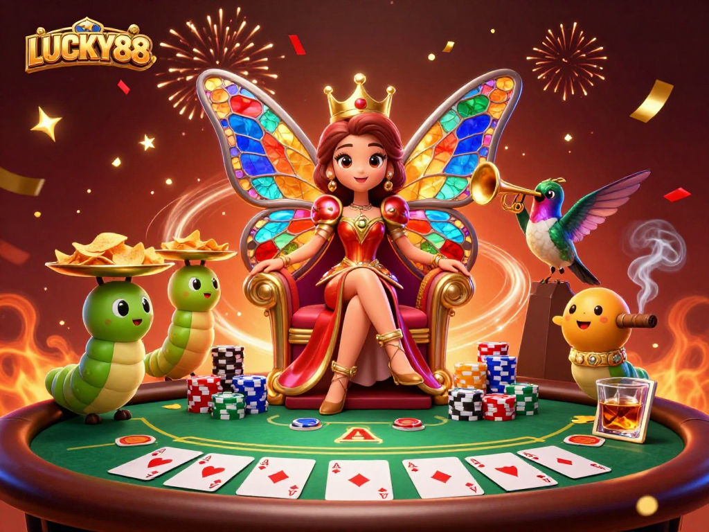 Join the excitement of LUCKY88 as the butterfly queen presides over an enchanting casino scene filled with poker glory.