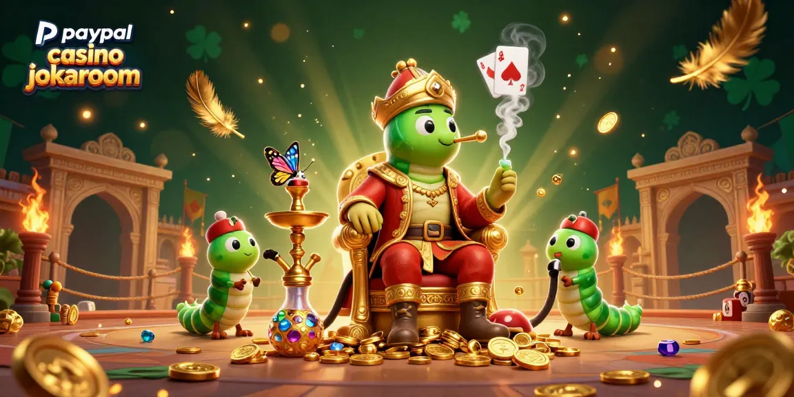 Experience the excitement of paypal casino jokaroom with a vibrant 3D scene of a caterpillar hookah-master amidst casino symbols.
